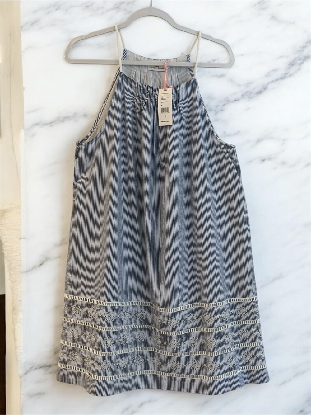 NWT VINEYARD VINES Blue & White Seersucker Striped Sandbar Eyelet Dress Size M